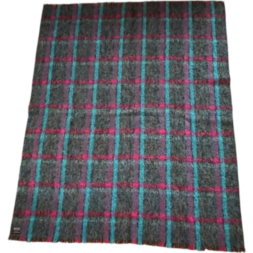 1980s Donegal Design Hand Woven Mohair Wool Plaid Scarf Ireland 60x70